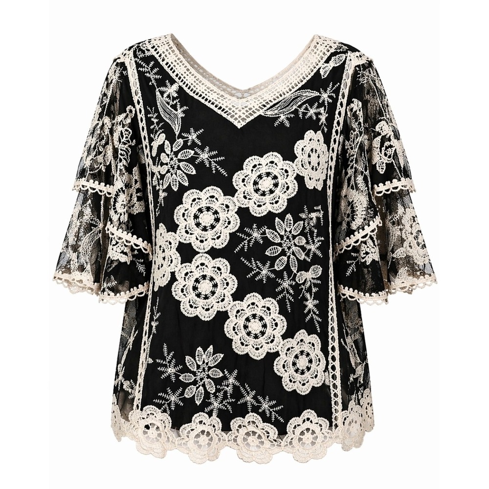 Boho Lace Blouse | Angel Wing Sleeves | Crochet Embroided Floral Hippy SIZE L/XL